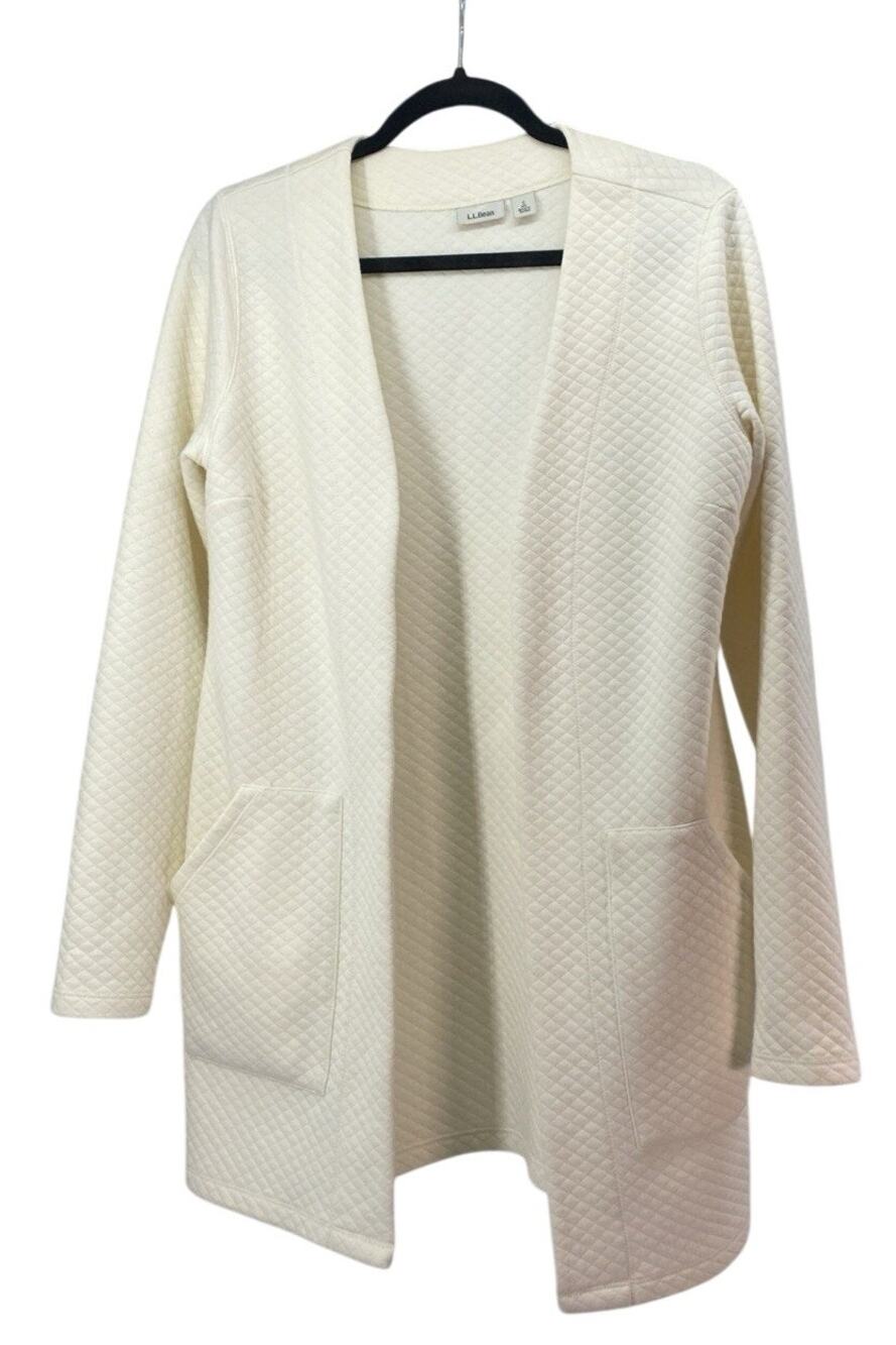 L.L. Bean Size S Reg Quilted Open Front Cardigan Long Line Pockets Ivory